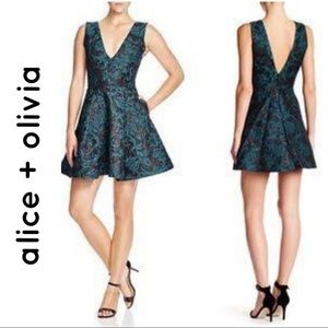 Alice + Olivia Malory Sleeveless V'd A-Line Dress, Black/Teal